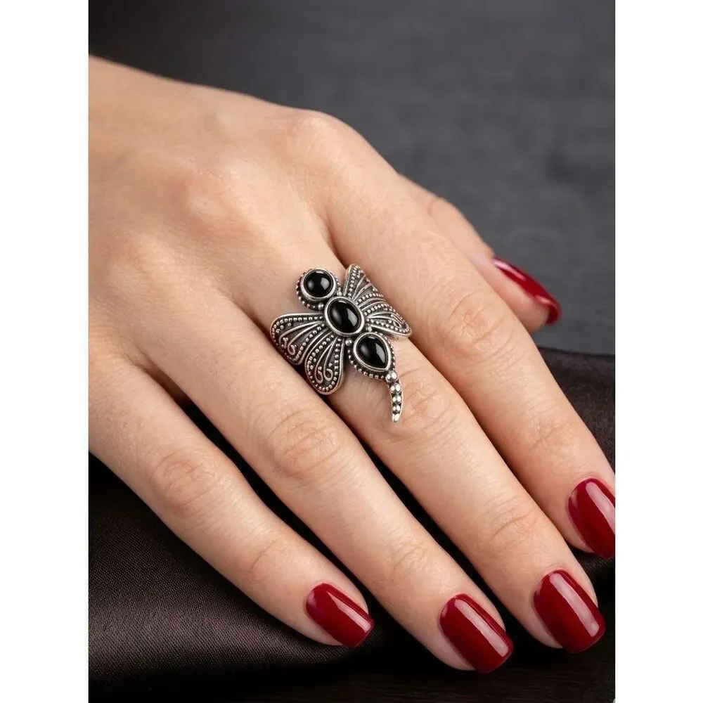 Vintage Style Silver Black Onyx Dragonfly Ring Gothic Southwestern Statement 9